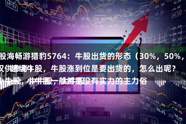 米升网 股海畅游猎豹5764：牛股出货的形态（30%，50%，100%）
（案例仅供参考）
牛股分小牛股，中牛股，大牛股，超级牛股，牛股涨到位是要出货的，怎么出呢？
一：小牛股一般都是没有实力的主力俗
